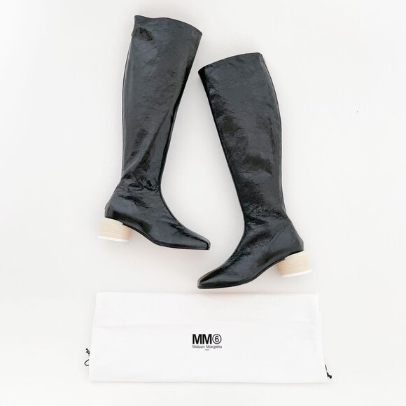 MM6 Maison Margiela Tin Can Boots EU 38 US 7 Black Knee High Block Heel Tall - Picture 1 of 13